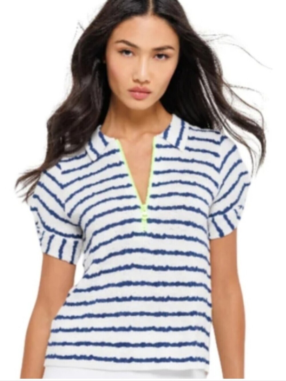 Lisa Todd Navy & White Striped Textured Polo Short Sleeve Top with Lime Zip. XS.
